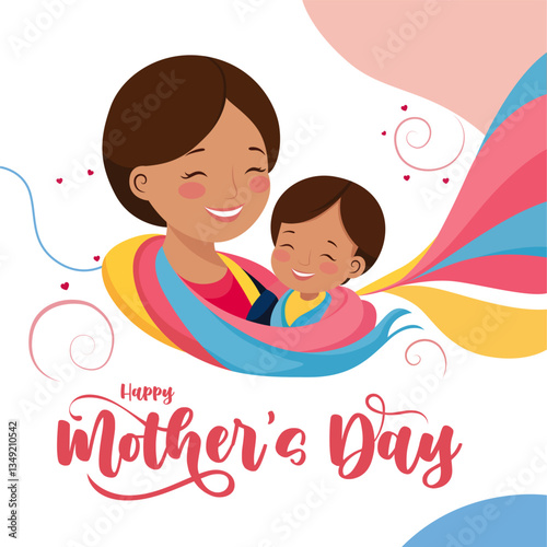 Heartwarming Mother's Day vector art showcasing a smiling mother and baby, wrapped in a flowing, multicolored fabric, with artistic swirls and decorative text in a cheerful design.