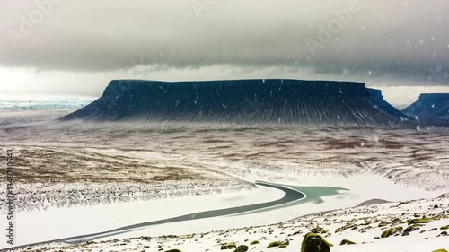 snow falling in mountain road slomo cinematic 