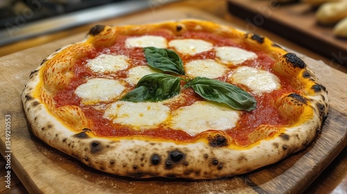 Delicious artisanal pizza with fresh basil photo