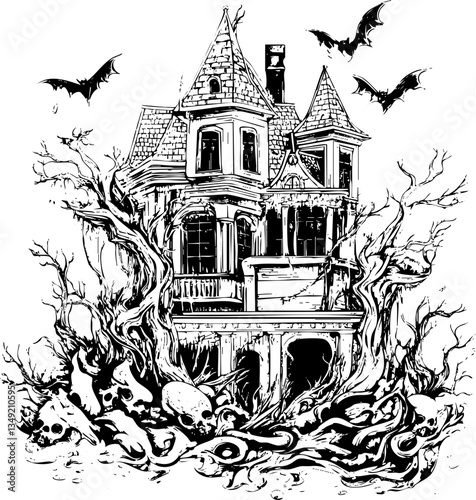 Spooky haunted house illustration with bats, skulls, and twisted trees for Halloween decor, eerie atmosphere, vintage horror, ghostly ambience, perfect for greeting cards, posters, and spooky designs.