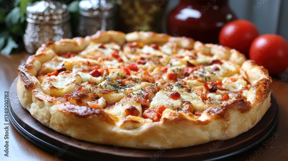 Delicious, baked pizza with fresh toppings Delicious, baked pizza with fresh toppings