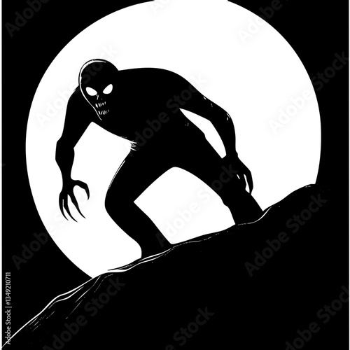Creepy shadow monster silhouette in front of full moon, eerie night scene for horror designs, illustrations, posters, and media
