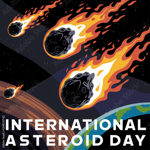 International asteroid day illustration with comets and earth for space exploration and awareness day celebration