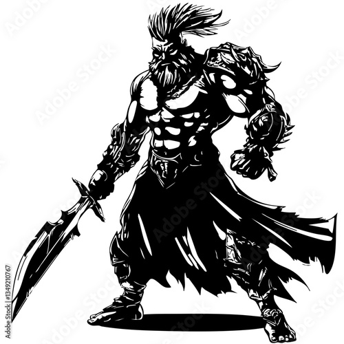 Fierce warrior character illustration, muscular hero in battle stance, sword wielding, dark silhouette art, fantasy design for games, comics, posters, and merchandise.