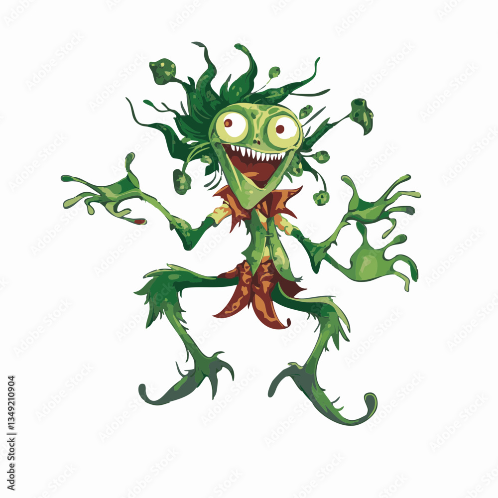 Obraz premium Playful green monster illustration with wild hair, big eyes, and crazy expressions, ideal for kids’ designs, games, posters, and cartoons.
