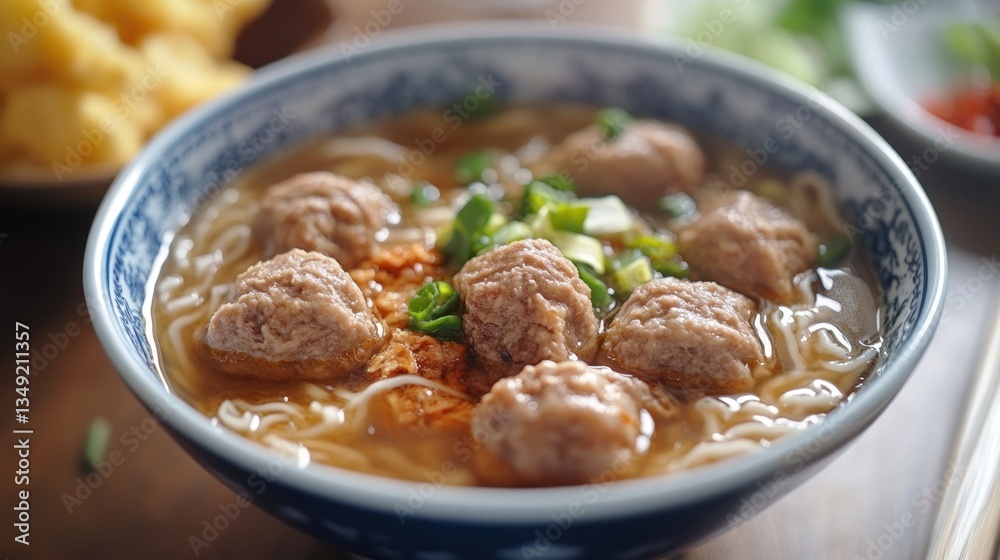 Delicious bowl of noodles with meatball soup. A hearty meal featuring savory meatballs, noodles, and broth Delicious bowl of noodles with meatball soup. A hearty meal featuring savory meatballs, noodles, and broth