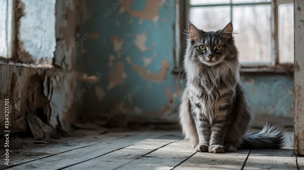 Obraz premium Gray Tabby Cat in a Dilapidated Room