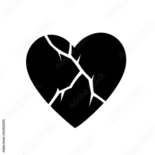 Black and white cracked heart icon representing heartbreak, emotional distress, sadness, and lost love in a symbolic vector style.