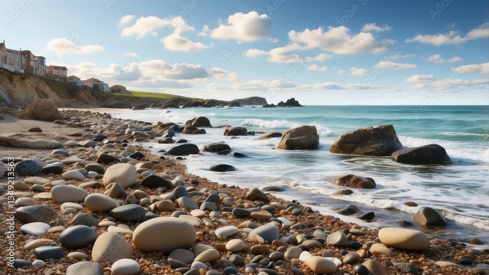 Obraz premium A rocky coastal scene. A rugged coastline with various sized rocks and boulders is visible.