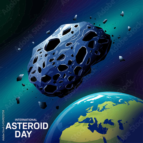 International asteroid day illustration with asteroid earth and space background for education and awareness