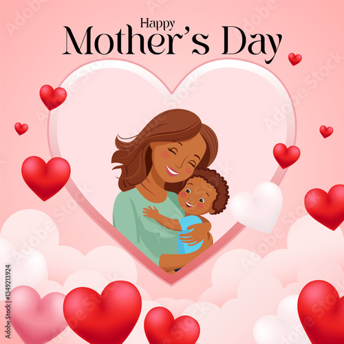 Beautiful Mother’s Day Card Design - Smiling Mother Holding Child in a Love-Themed Background with Hearts and Clouds - Great for Greeting Cards, Social Media, and Marketing Materials.