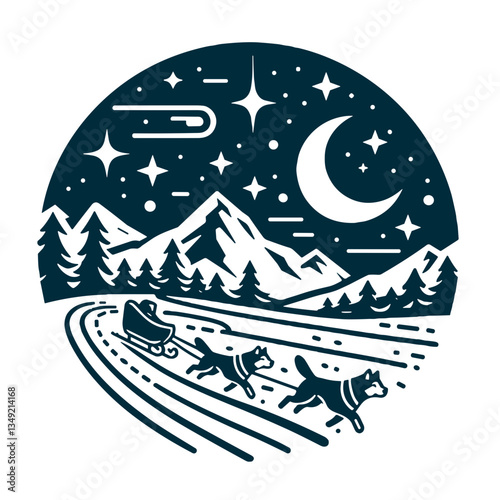 Winter night scene with sled dogs running through snowy mountains  
