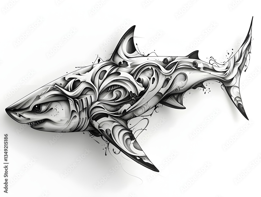 Obraz premium Tribal Shark Tattoo Design in Black and White