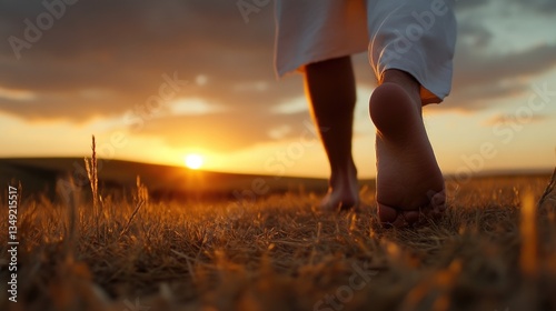 Barefoot walk at sunset.  A person walks barefoot across a golden field at sunset