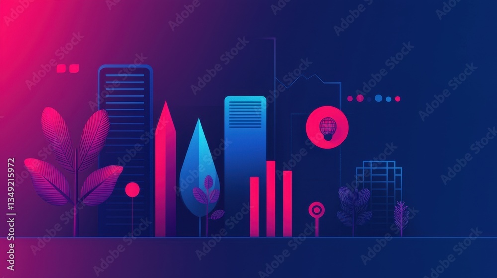 Fototapeta premium Abstract illustration of modern cityscape with colorful geometric shapes, plants, and digital elements representing urban technology and innovation concepts