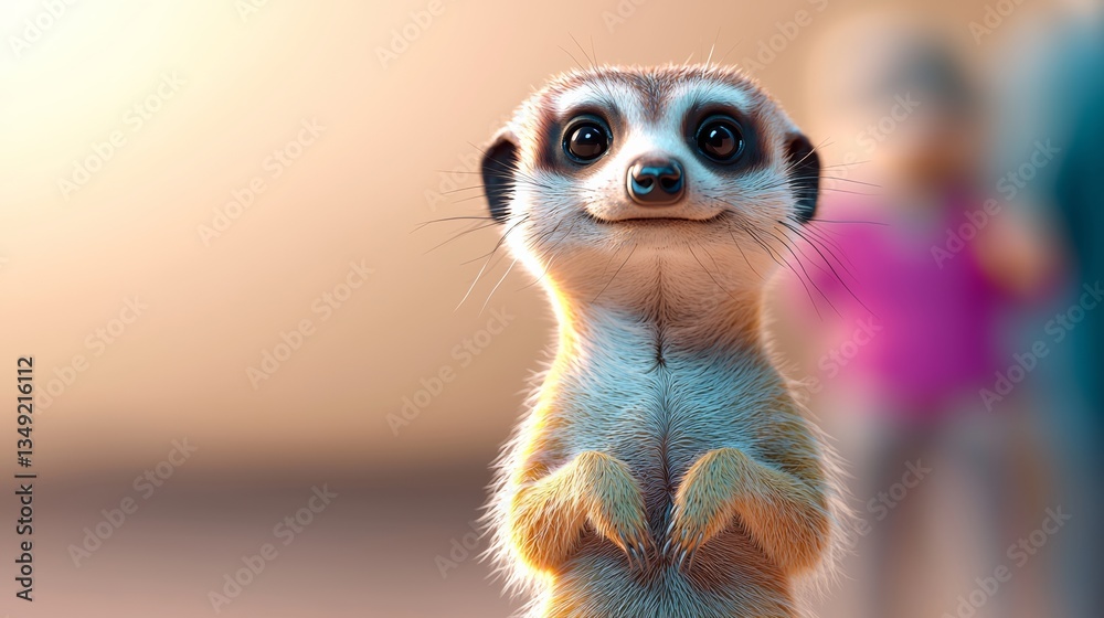 Fototapeta premium Cute baby animal with a big smile on its face. The animal is a meerkat and is standing in front of a person in a pink shirt
