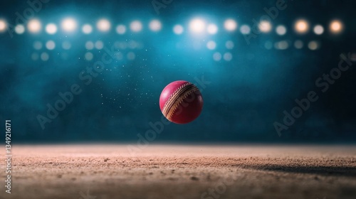 Vibrant Red Cricket Ball in Mid-Air Against a Dramatic Background of Sports Venue Lights and Atmospheric Effects