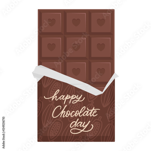 Happy Chocolate day greeting card. Vector chocolate bar in flat style, hand written calligraphy isolated on white background