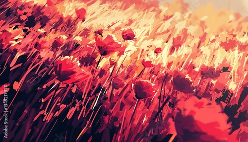 Expressive poppy field painting on canvas, capturing the vivid red blooms in an impressionist style, perfect for art prints or home decor.