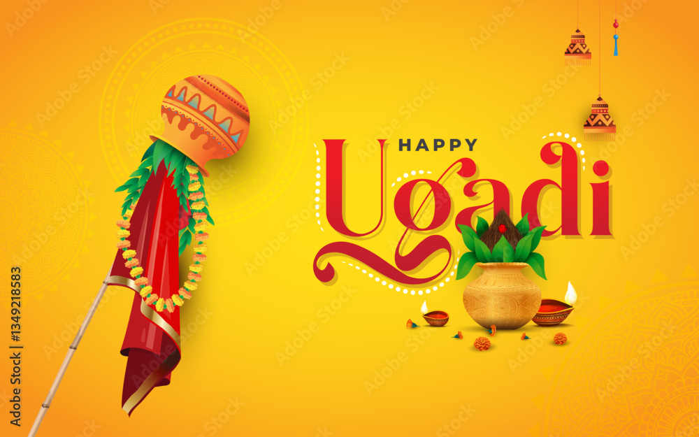 Fototapeta premium Happy Ugadi Festival Vector Greeting Background Design Template with pooja Kalash