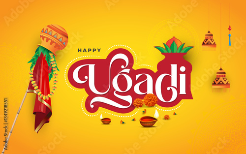 Happy Ugadi Festival Vector Greeting Background Design Template with pooja Kalash
