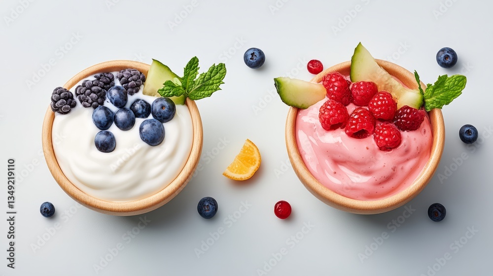 Two bowls of yogurt with fruit on top. One bowl has blueberries and raspberries, the other has blueberries and oranges Two bowls of yogurt with fruit on top. One bowl has blueberries and raspberries, the other has blueberries and oranges