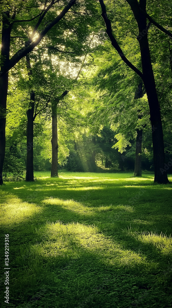Fototapeta premium Serene forest background with sunlight streaming through lush trees and casting shadows on vibrant green grass, perfect as phone background wallpaper