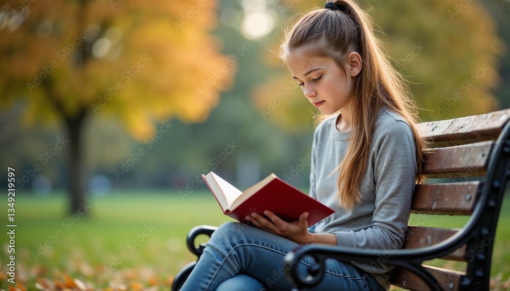 Obraz premium Young girl reading a book on a bench in a park during autumn