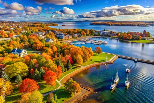 Drone View: Charlottetown Bay, Fall Foliage, Prince Edward Island, Canada