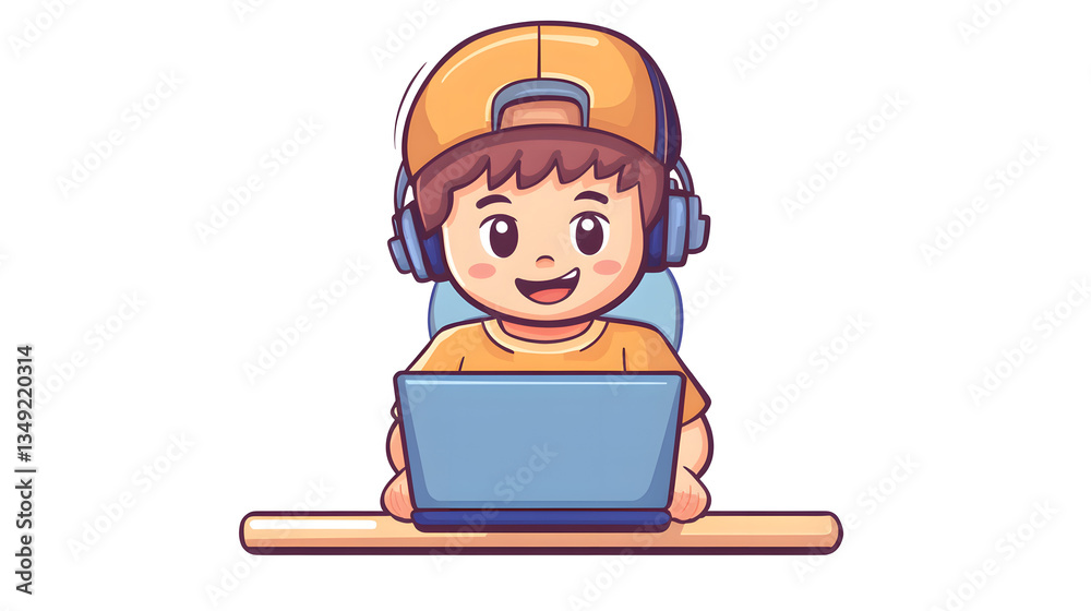 Professional Vector Cartoon Illustration of a Boy Engaged in Playing Game on Laptop Icon Professional Vector Cartoon Illustration of a Boy Engaged in Playing Game on Laptop Icon
