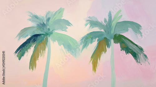 acrylic painting of two palm trees against a pastel sky 