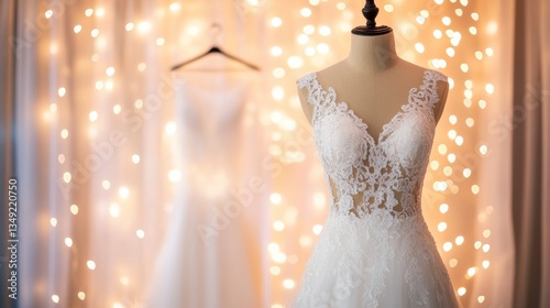 Two elegant lace wedding dresses on display against a warm, bokeh light backdrop.