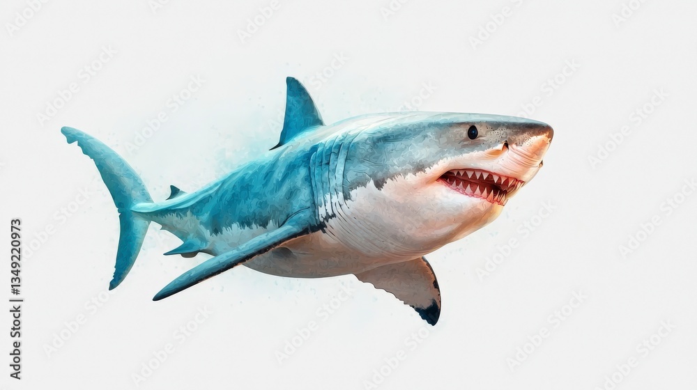 Obraz premium Realistic depiction of a great white shark swimming gracefully under water, showcasing powerful features and sharp teeth