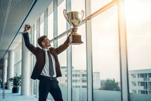 Business professional proudly holding a trophy, symbolizing hard-earned success and career achievement. (Prize)