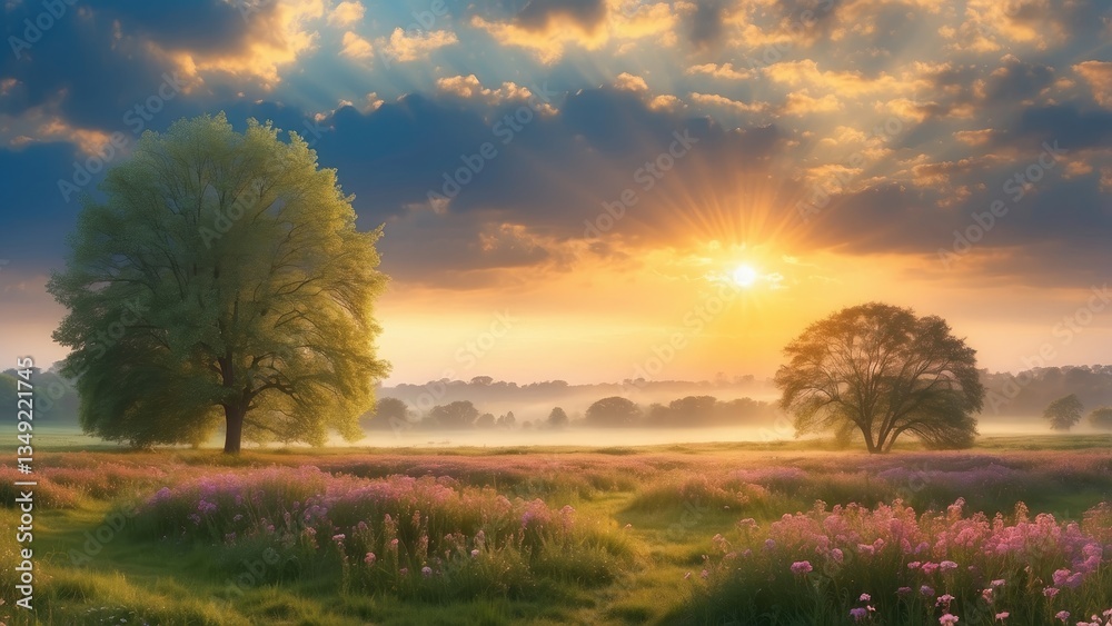 Fototapeta premium A picturesque sunrise over a meadow filled with wildflowers in shades of purple,