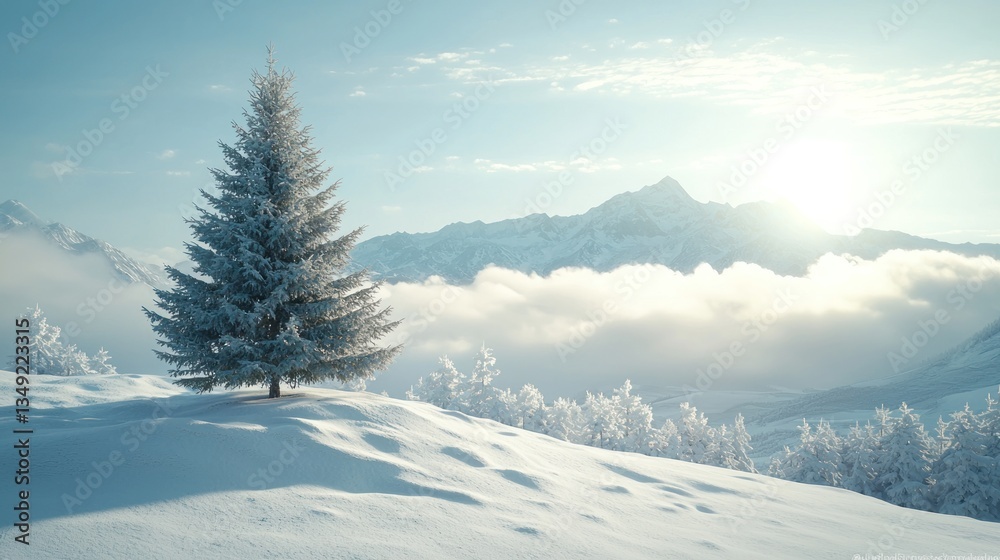 Snowy fir tree on a hill with mountain backdrop. Snowy fir tree on a hill with mountain backdrop.