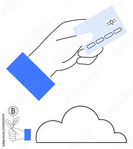 Hand holding a credit card, a hand nurturing a growing Bitcoin plant, and a cloud icon. Ideal for banking, cryptocurrency, finance, environmentalism, cloud storage technology digital economy. Flat