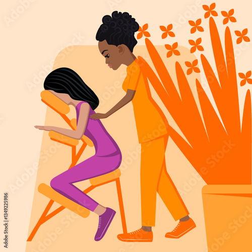 Manual massage. treatment by professional therapist in SPA. Chair Massage Therapy. Isolated flat vector illustration. African and Indian ethnicity.