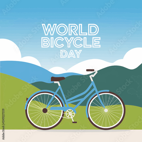 World bicycle day celebration poster design with blue bicycle and landscape background vector illustration