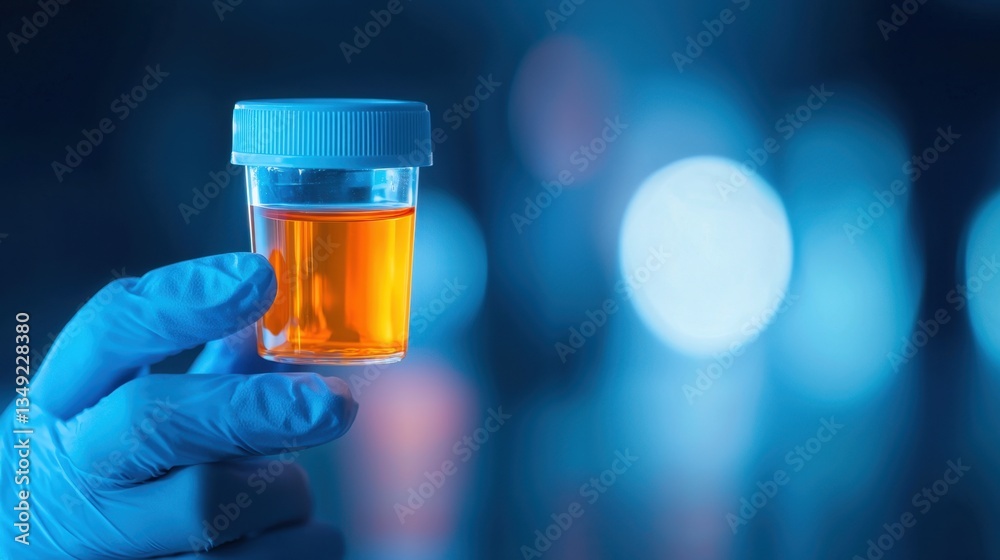 Hand Holding a Clear Urine Sample Container with Bright Orange Liquid in a Laboratory Background with Soft Bokeh Effect and Medical Context Hand Holding a Clear Urine Sample Container with Bright Orange Liquid in a Laboratory Background with Soft Bokeh Effect and Medical Context