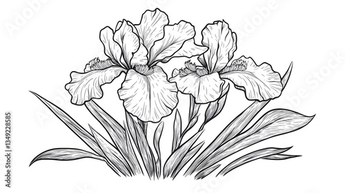 Detailed Hand Drawn Illustration of Iris Flower for Botanical Designs