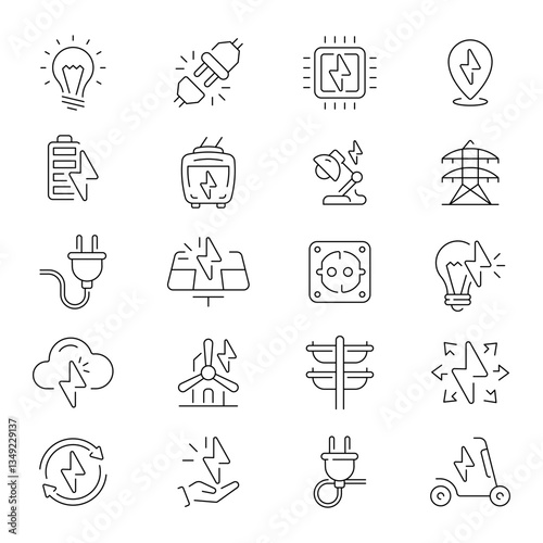 Electricity icons. Electric energy vector icon set. Energy, electrical energy, electricity related thin line icon collection. Editable stroke