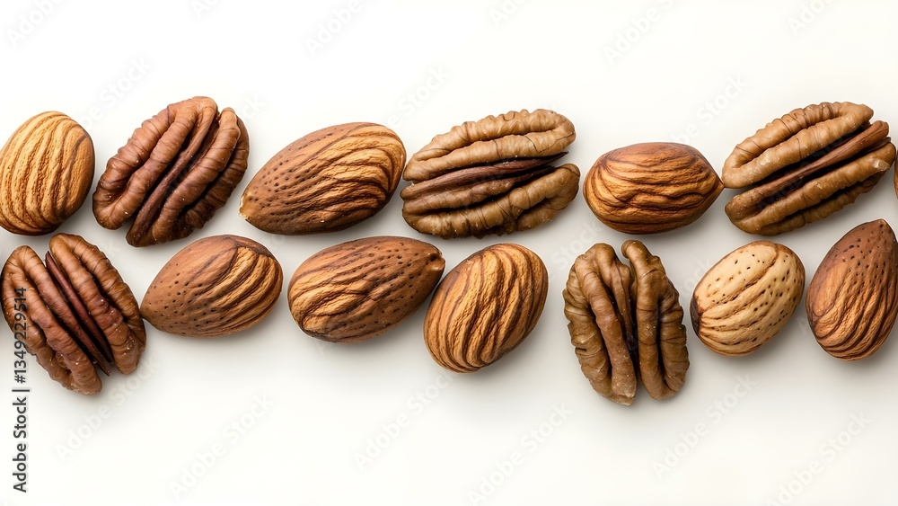 A variety of nuts, including pecans and almonds, displayed in their shells in a row. Concept Nut Varieties, Pecan and Almond Display, Natural Shells, Healthy Snacks, Vibrant Snack Presentation A variety of nuts, including pecans and almonds, displayed in their shells in a row. Concept Nut Varieties, Pecan and Almond Display, Natural Shells, Healthy Snacks, Vibrant Snack Presentation