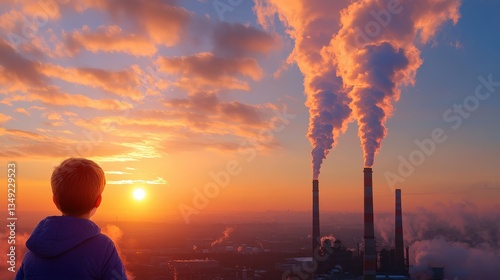 A child watches the sunset while smoke billows from industrial smokestacks, highlighting the contrast between nature and pollution.
