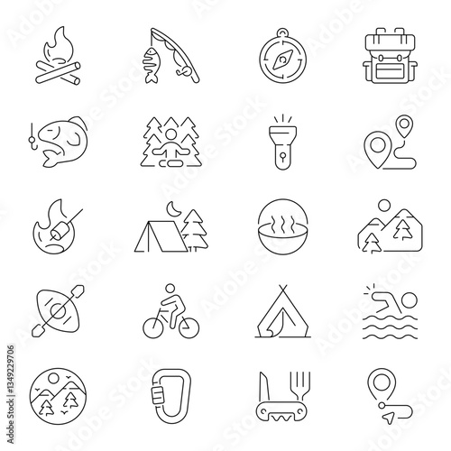 Camping vector icons. Camping icon set. Holiday, vacation, hiking, fishing, travel, camping related icons. Thin line editable stroke