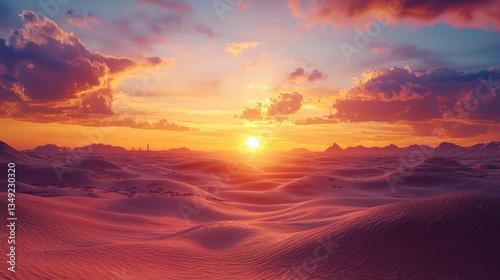 Dramatic sunset over a vast desert landscape.
