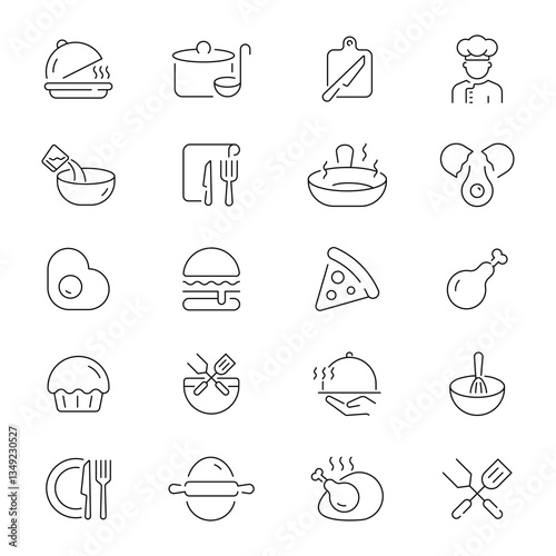 Culinary food making vector outline icon set. Cooking and kitchen tools set