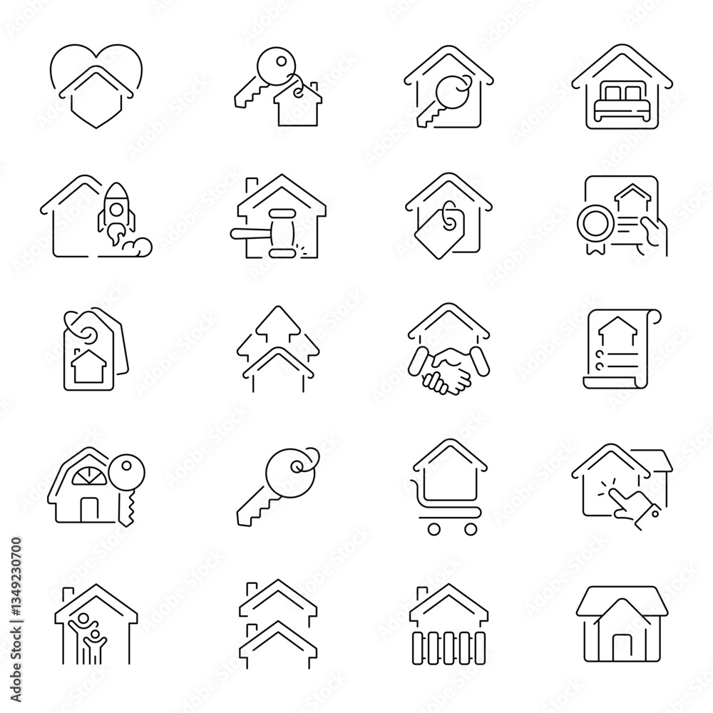 Rental business vector outline icon set. Property leasing and service icons Rental business vector outline icon set. Property leasing and service icons