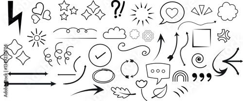 Flat Line Art Mixed Shaped Vector Clip Art, Illustration and Graphics. Free Hand Drawn  Sketches, Arrows, Bubbles, Love Heart, Message Icons on White Background.