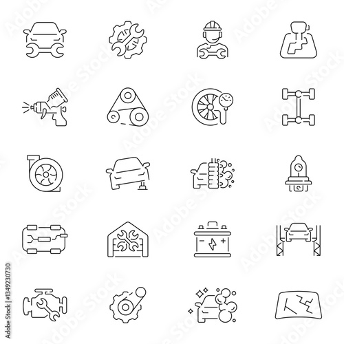 Car repair service vector outline icon set. Vehicle maintenance and fixing icons